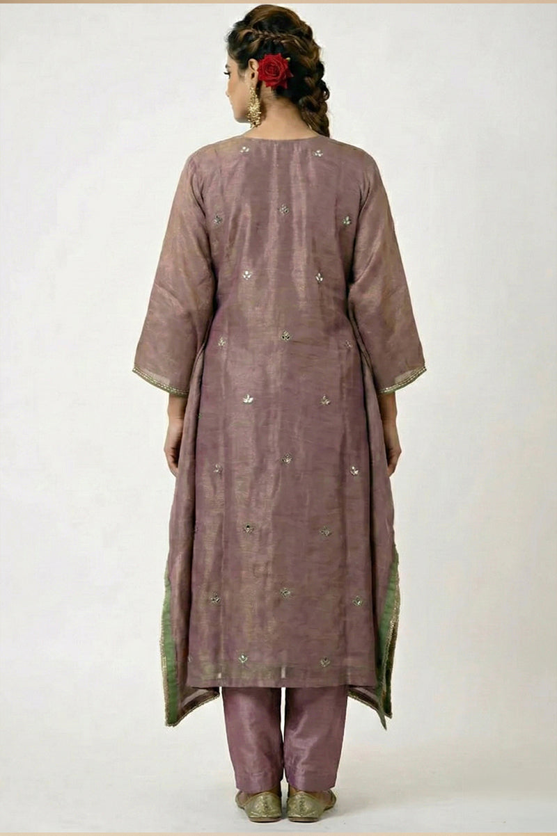 Mauve Organza Silk Kaftan Kurta with Straight Pant and Mirror Work