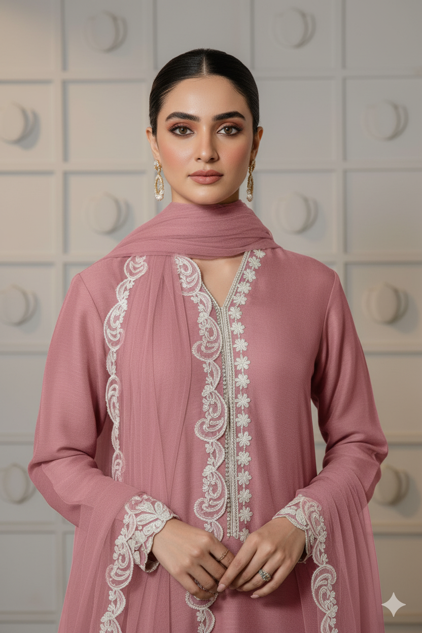 Baby Pink Farsi Salwar Suit with White Thread Lace Work - Mayrake.in