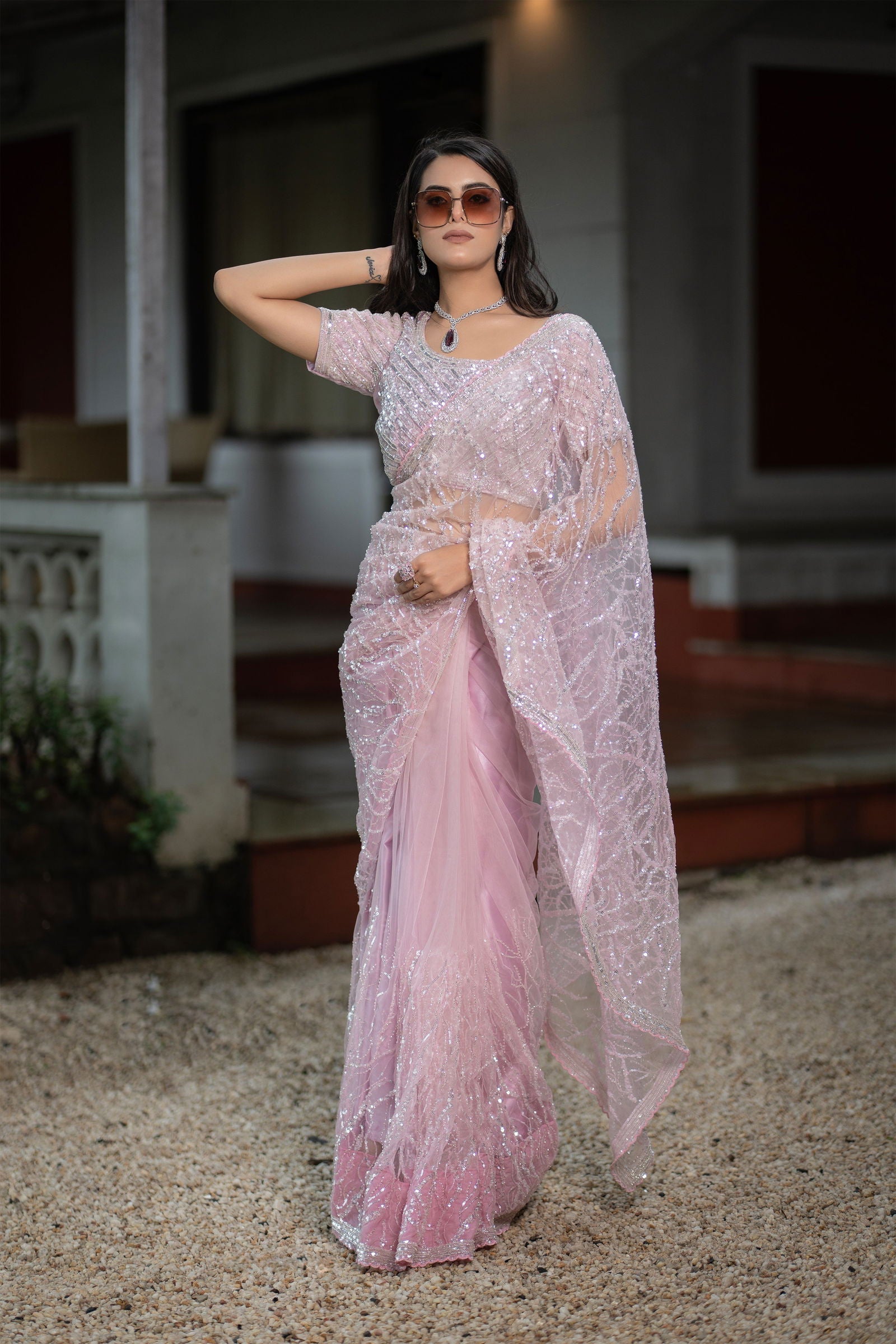 Baby Pink Super Net Saree with Silver and Cutdana Work - Mayrake