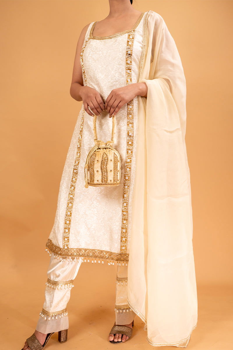 Beige Color Hanging Potli with Golden Beads and Zari Designs with Velvet Base - Mayrake.in
