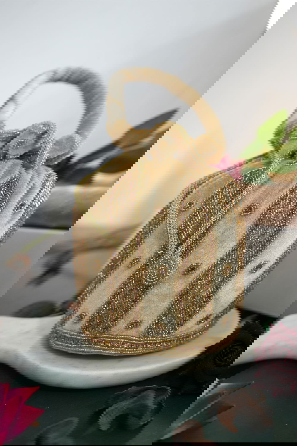 Beige Color Hanging Potli with Golden Beads and Zari Designs with Velvet Base - Mayrake.in