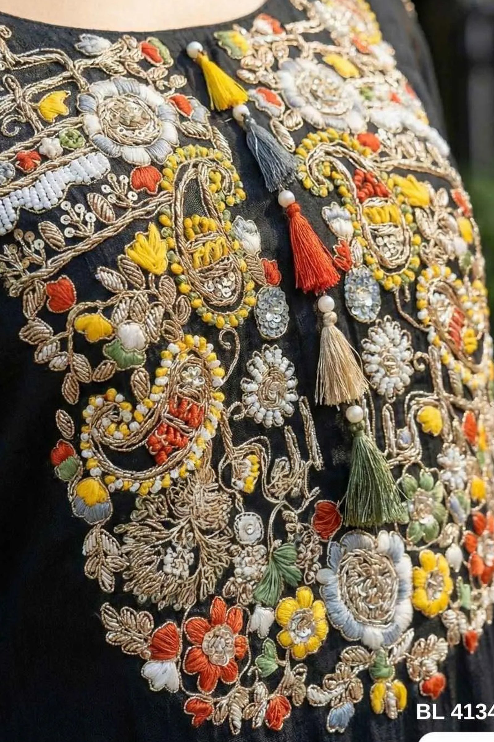 Black Georgette Kurta Set with Multicolor Floral Embroidery & Handwork Detailing