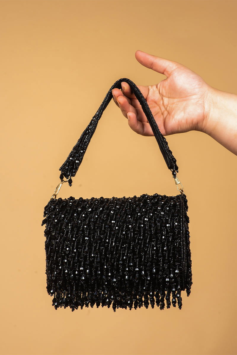 Black Clutch with Tassels and Beads - Mayrake