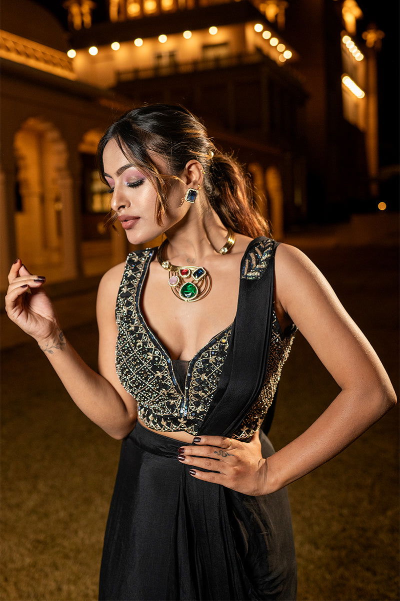 Black Crepe Chiffon Ready-to-Wear Saree with Embroidered Blouse - Mayrake.in