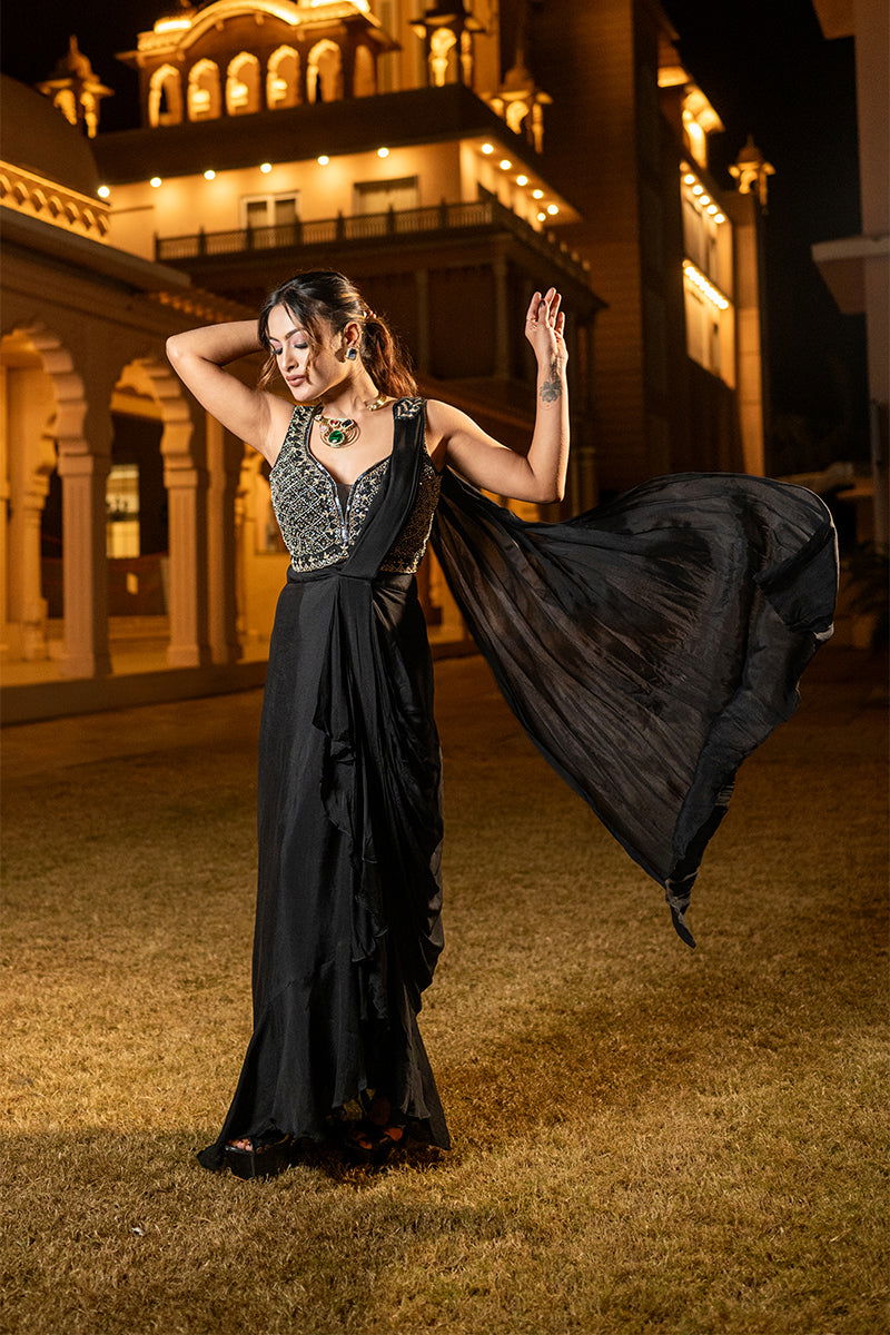 Black Crepe Chiffon Ready-to-Wear Saree with Heavy Embroidered Designer Blouse - Mayrake - 