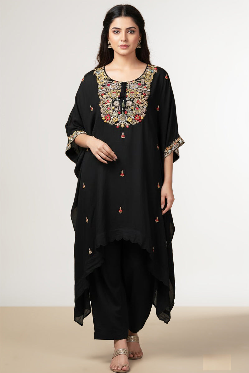 Black Georgette Kurta Set with Multicolor Floral Embroidery & Handwork Detailing