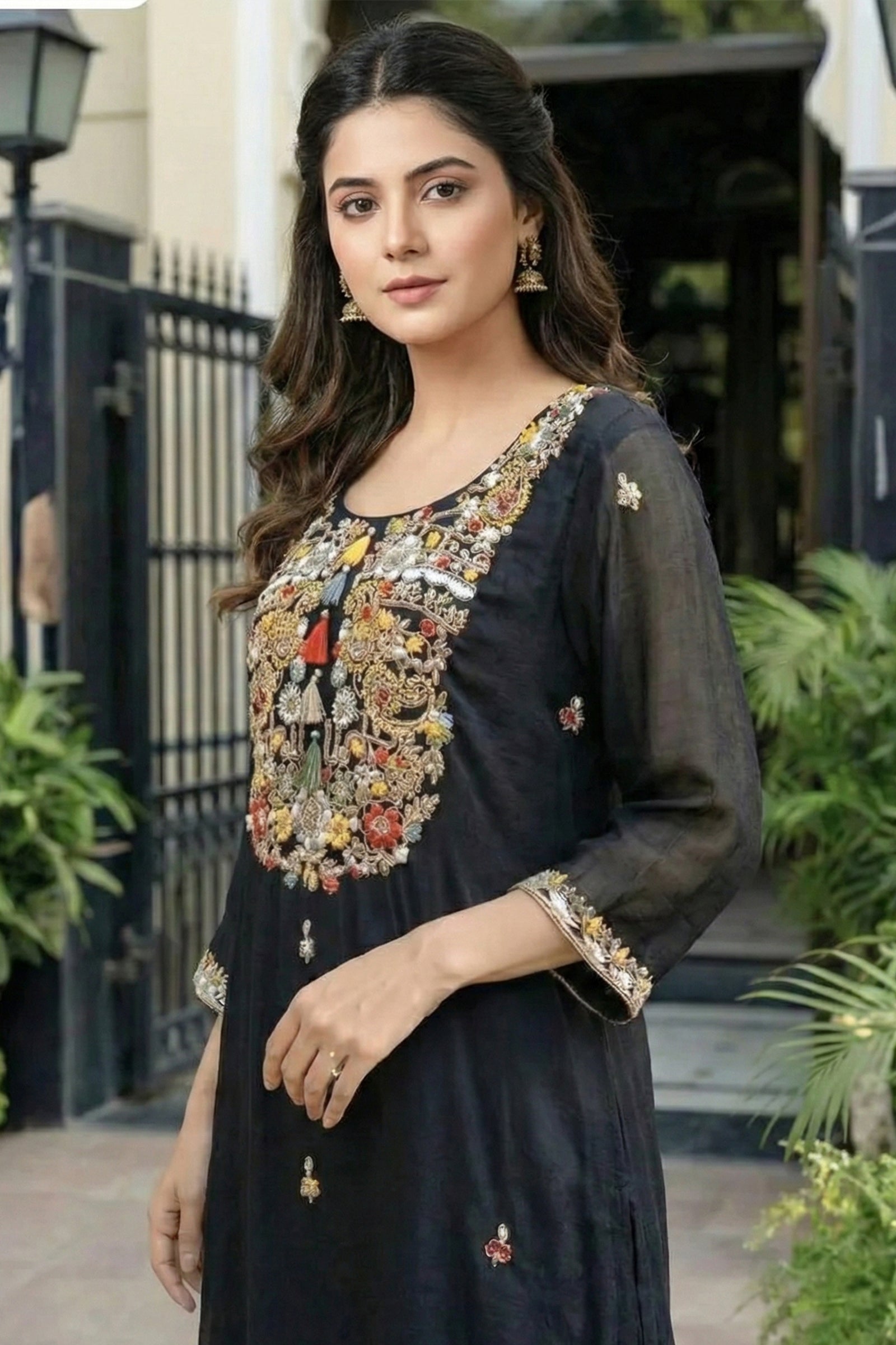 Black Georgette Kurta Set with Multicolor Floral Embroidery & Handwork Detailing