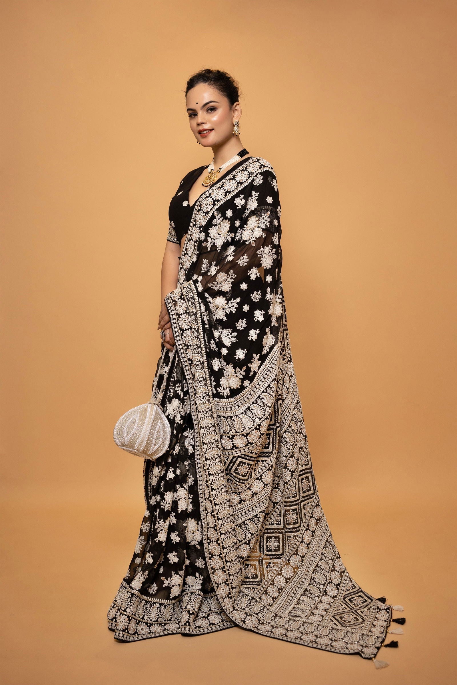 Black Georgette Saree with Lucknowi Embroidery Work - Mayrake.in