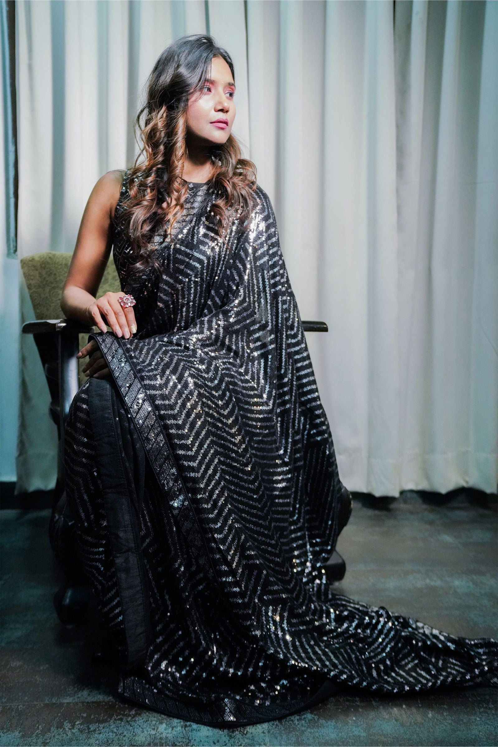 Black Georgette Sequin Saree with Silver Pattern with Stitched Blouse - Mayrake