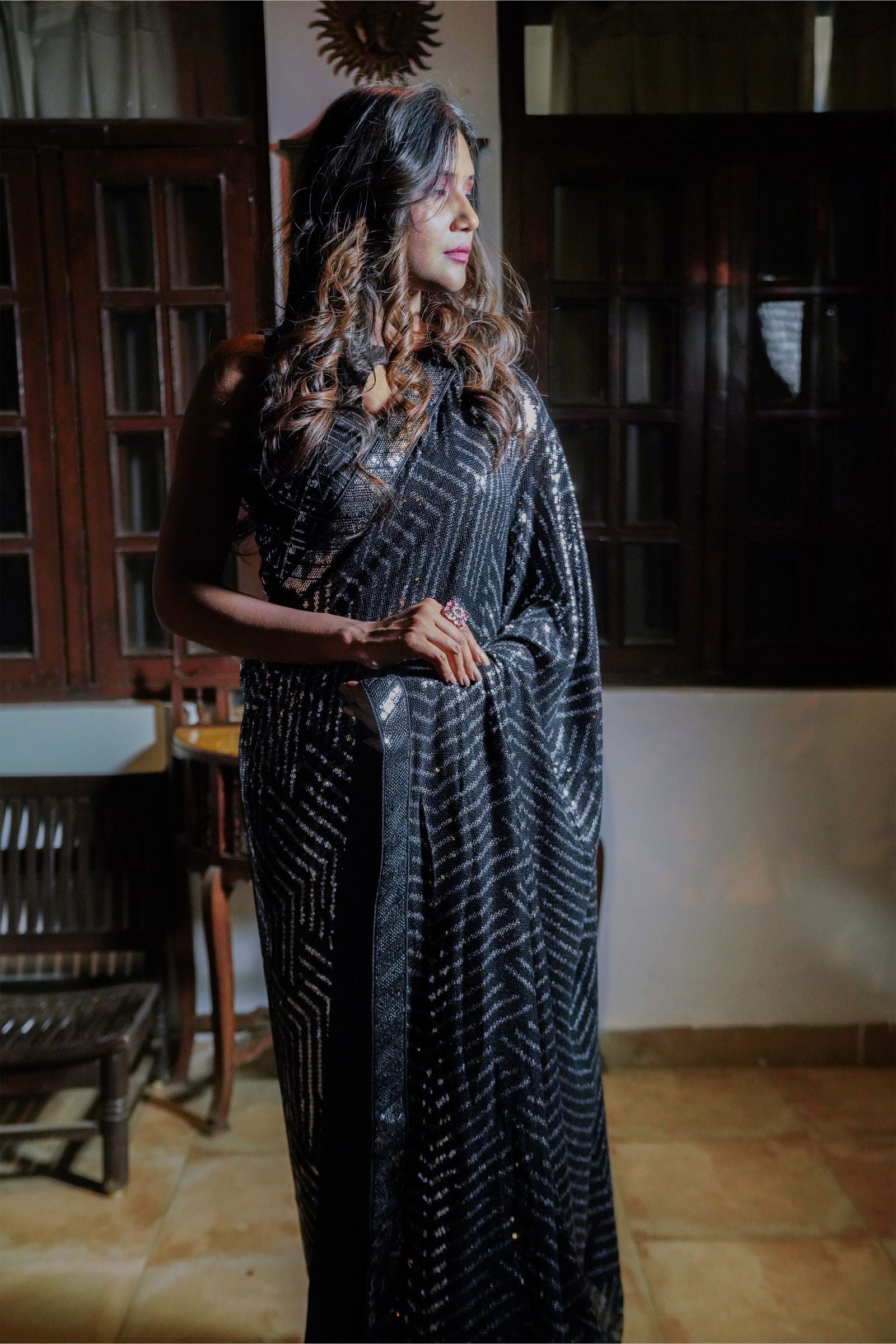 Black Georgette Sequin Saree with Silver Pattern with Stitched Blouse - Mayrake