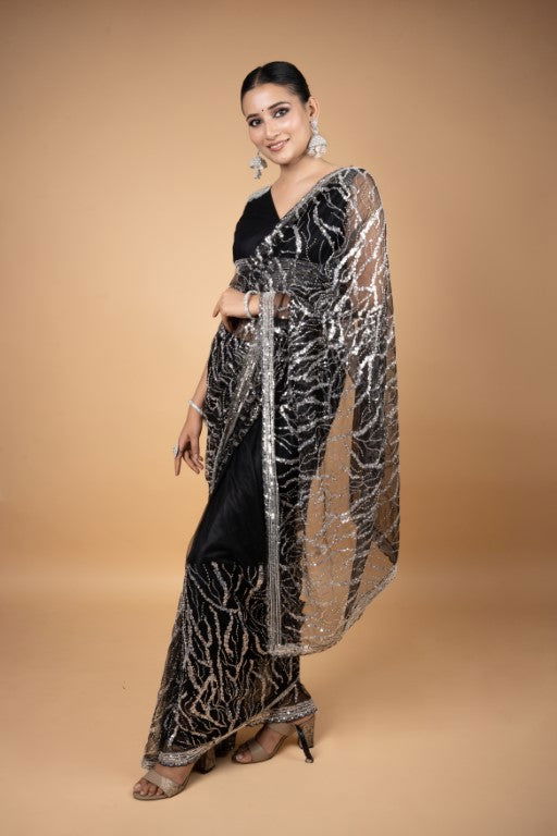 Black Super Net Saree with Pearl and Swarovski Work with Designer Blouse - Mayrake