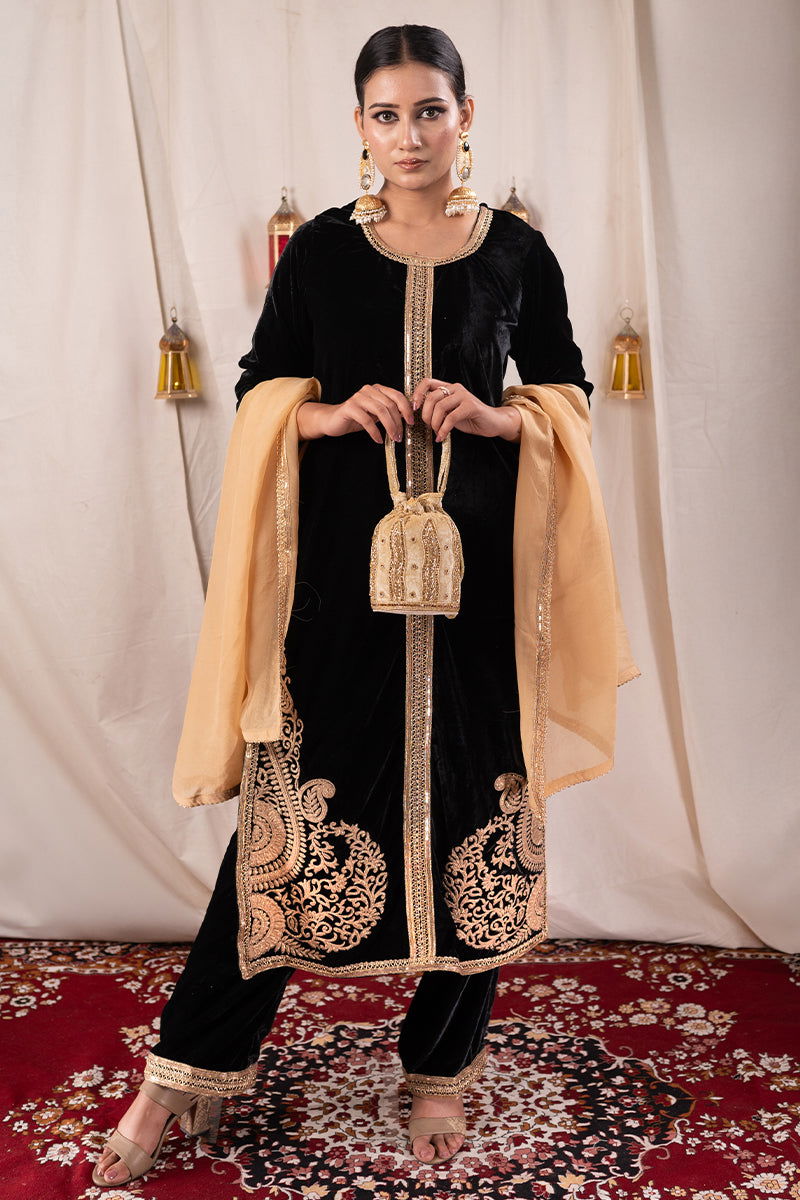 Black Velvet Long Embroidered Kurta Suit with Matching Wide Leg Pants and Dupatta - Mayrake - 