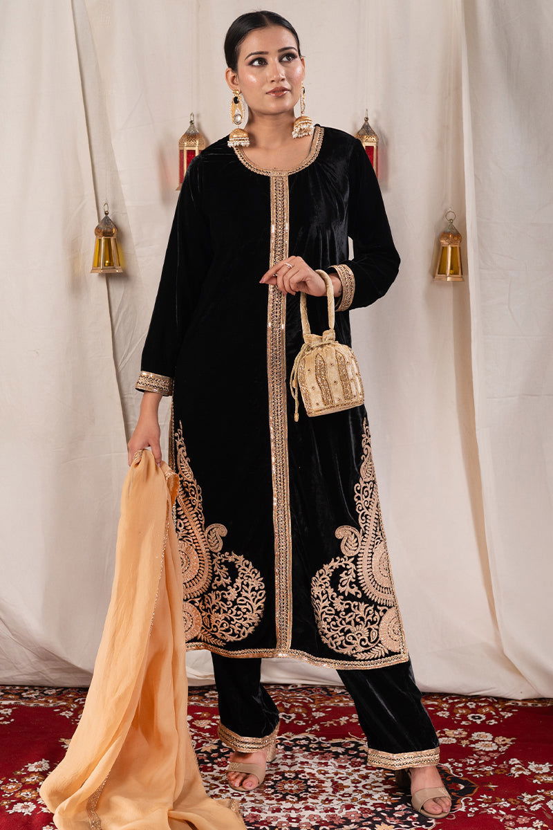 Black Velvet Long Embroidered Suit - Mayrake.in