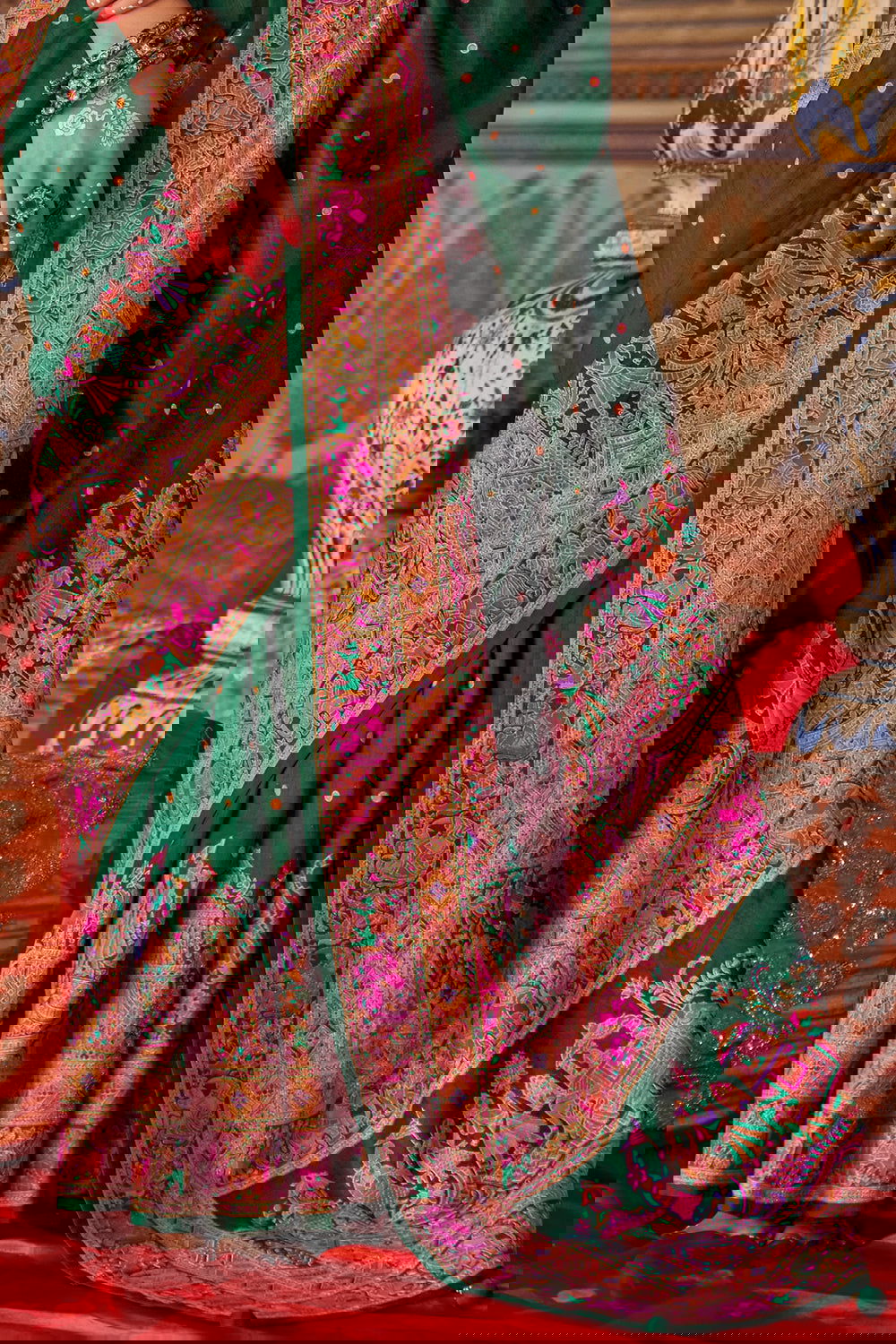 Bottle Green Raw Silk Saree with Heritage Prints - Mayrake.in