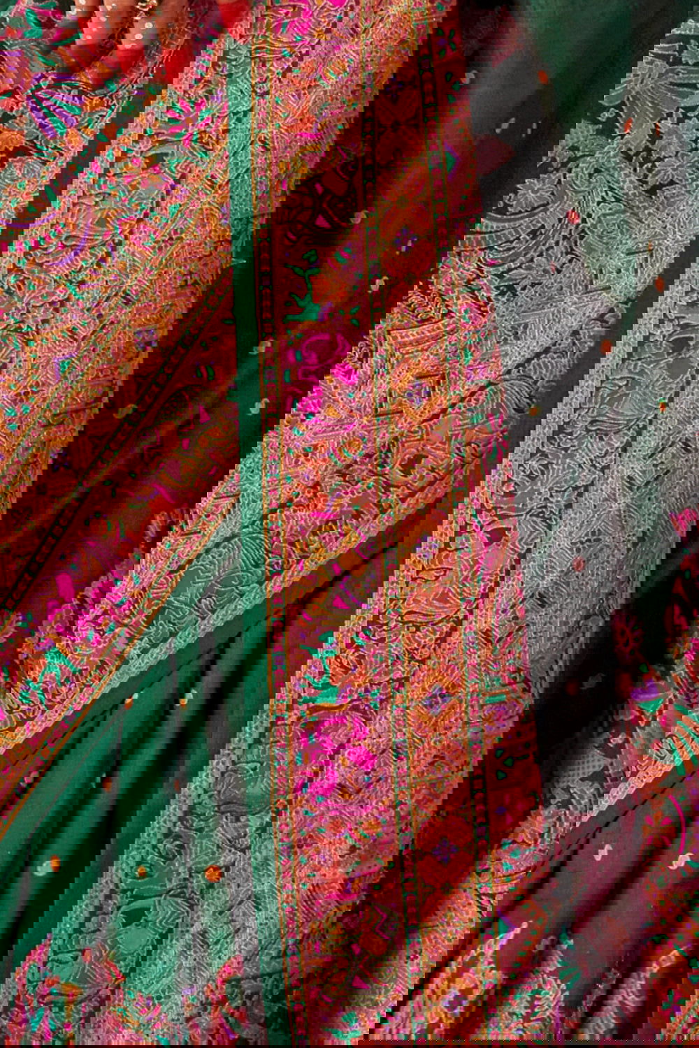 Bottle Green Raw Silk Saree with Heritage Prints - Mayrake.in