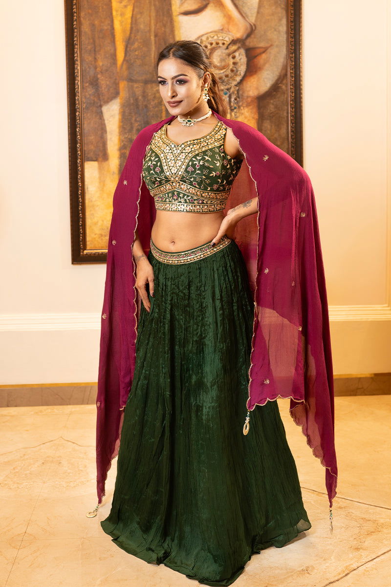 Bottle Green Skirt with Zardosi Crop Top and Contrast Purple Dupatta - Mayrake - 