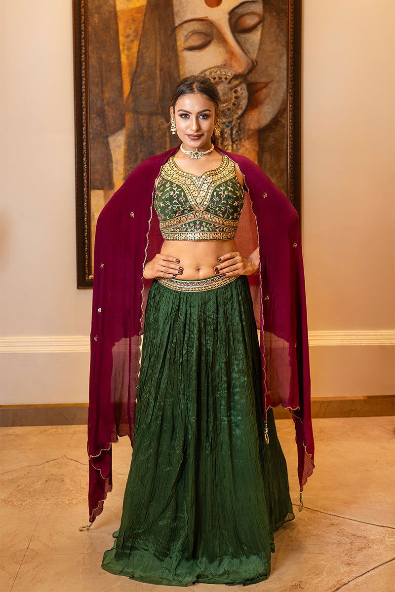 Bottle Green Skirt with Zardosi Crop Top and Contrast Purple Dupatta - Mayrake.in
