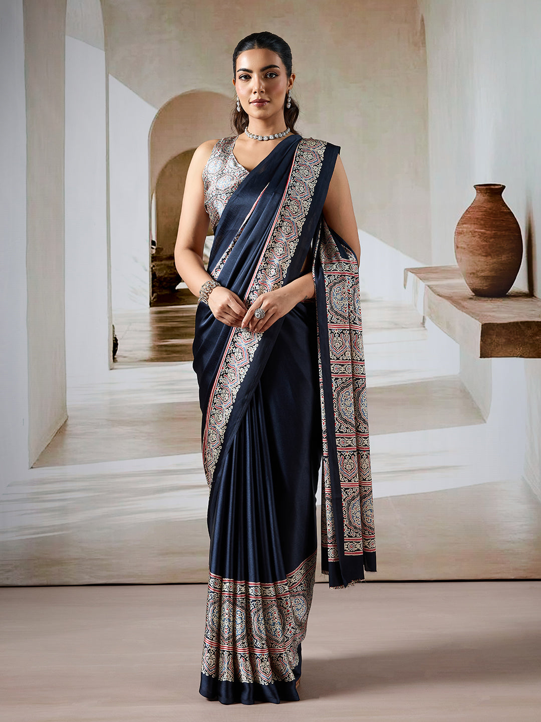 Black Pure Satin Modal Silk Saree with Ajrakh Print