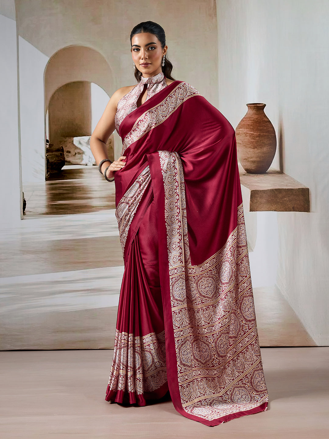 Maroon Pure Satin Modal Silk Saree with Ajrakh Print