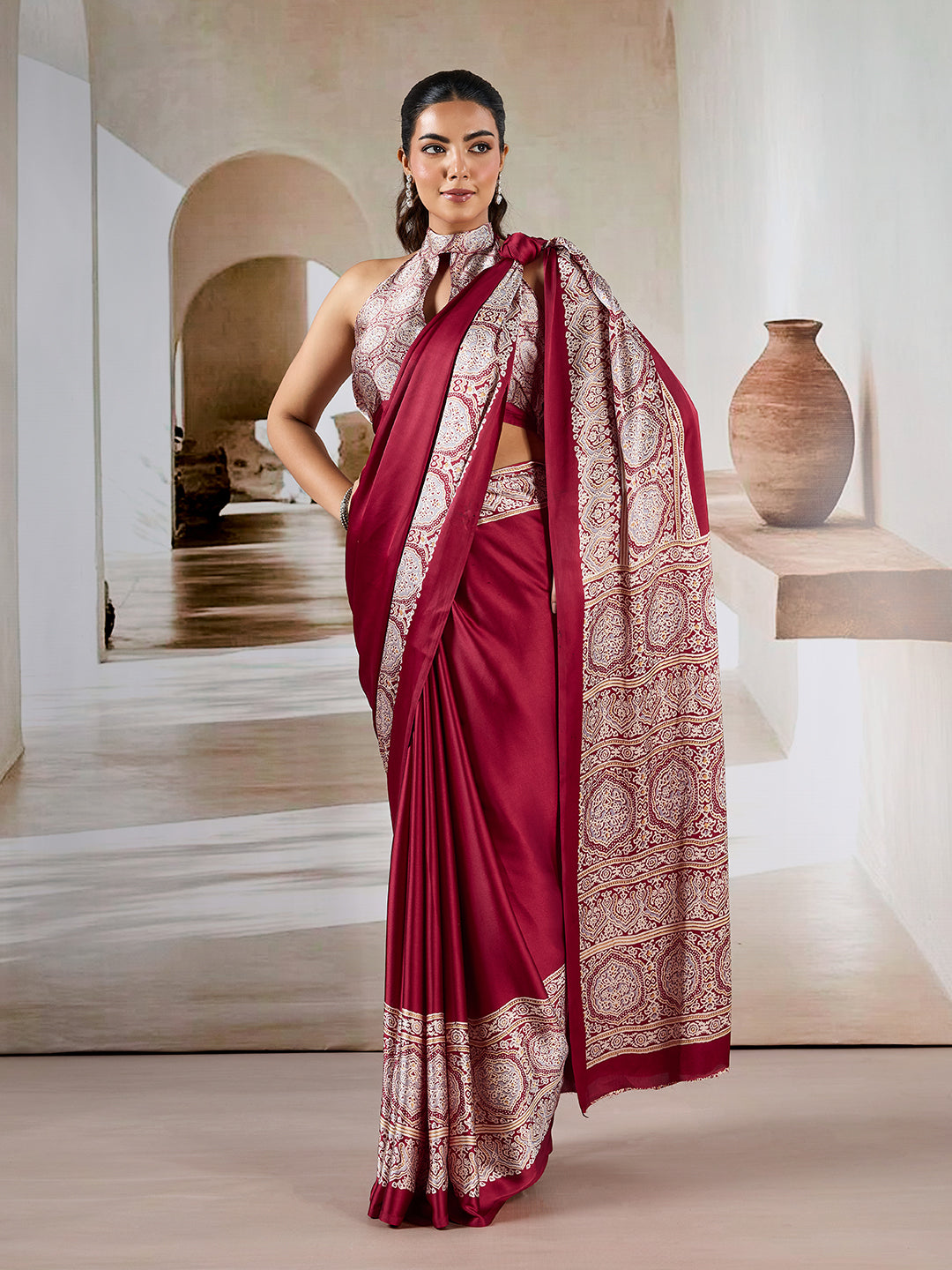 Maroon Pure Satin Modal Silk Saree with Ajrakh Print