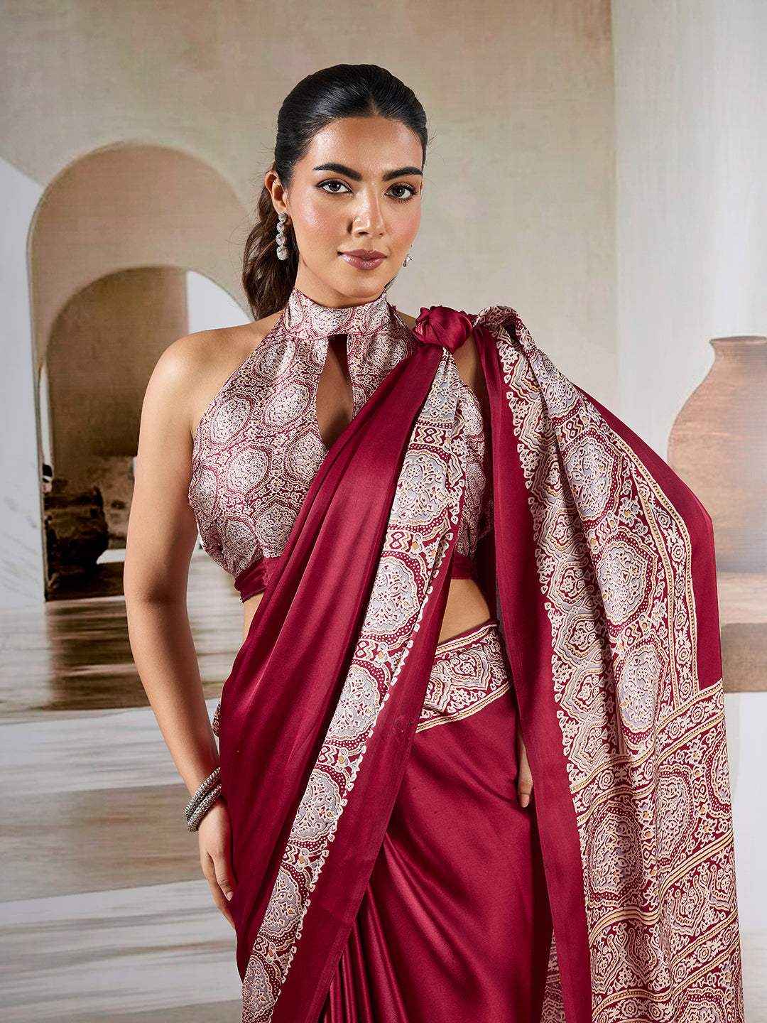 Maroon Pure Satin Modal Silk Saree with Ajrakh Print