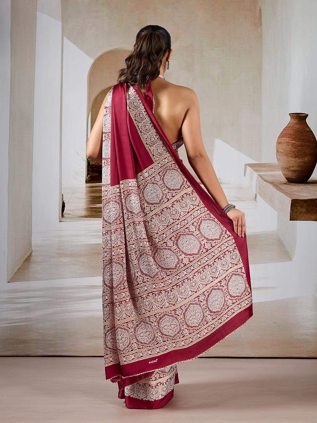 Maroon Pure Satin Modal Silk Saree with Ajrakh Print