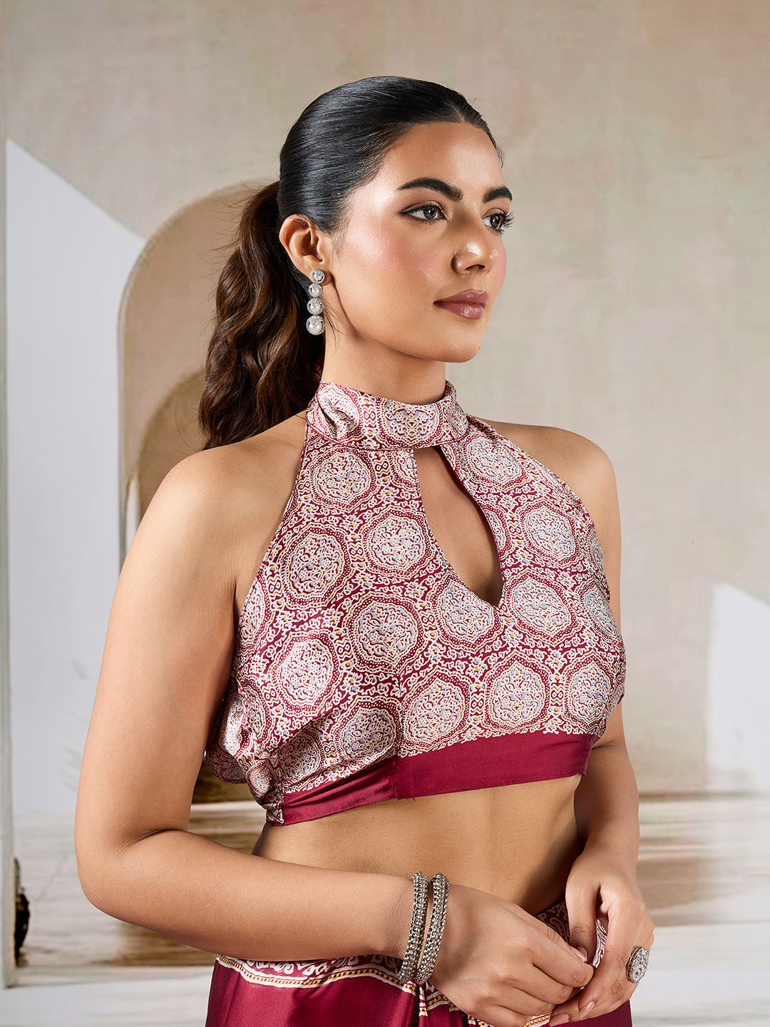 Maroon Pure Satin Modal Silk Saree with Ajrakh Print