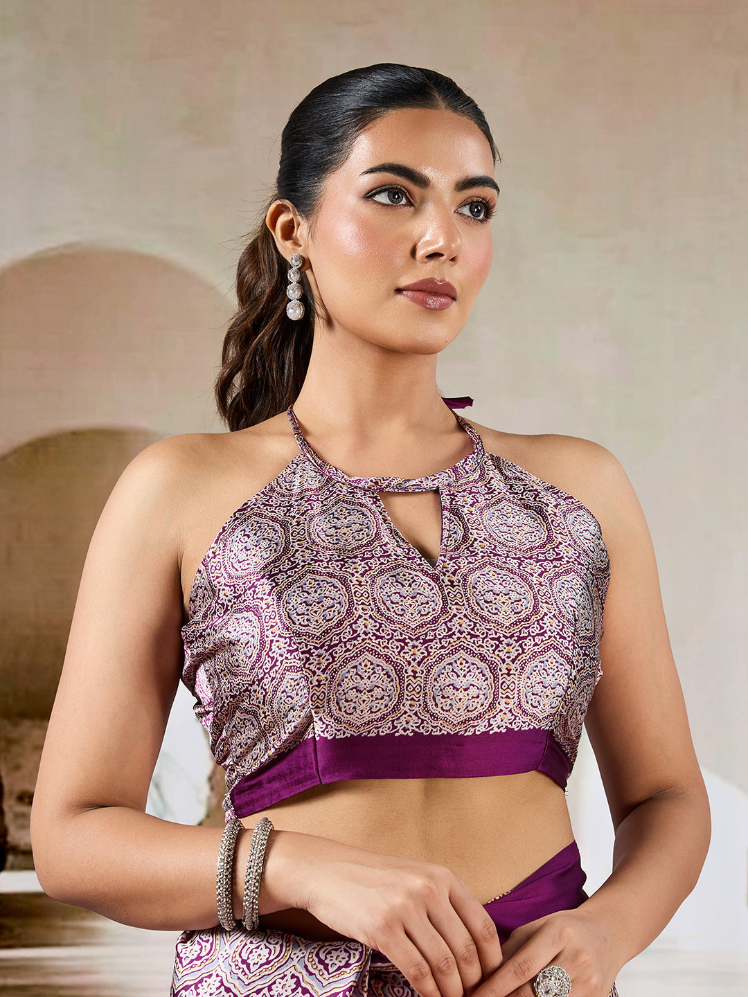 Wine Red Pure Satin Modal Silk Saree with Ajrakh Print