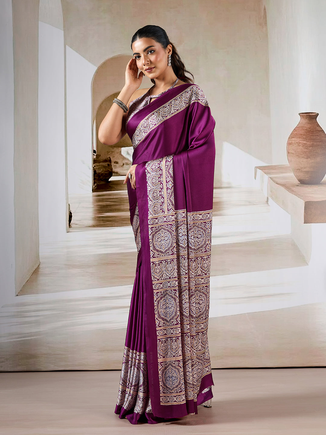 Wine Red Pure Satin Modal Silk Saree with Ajrakh Print