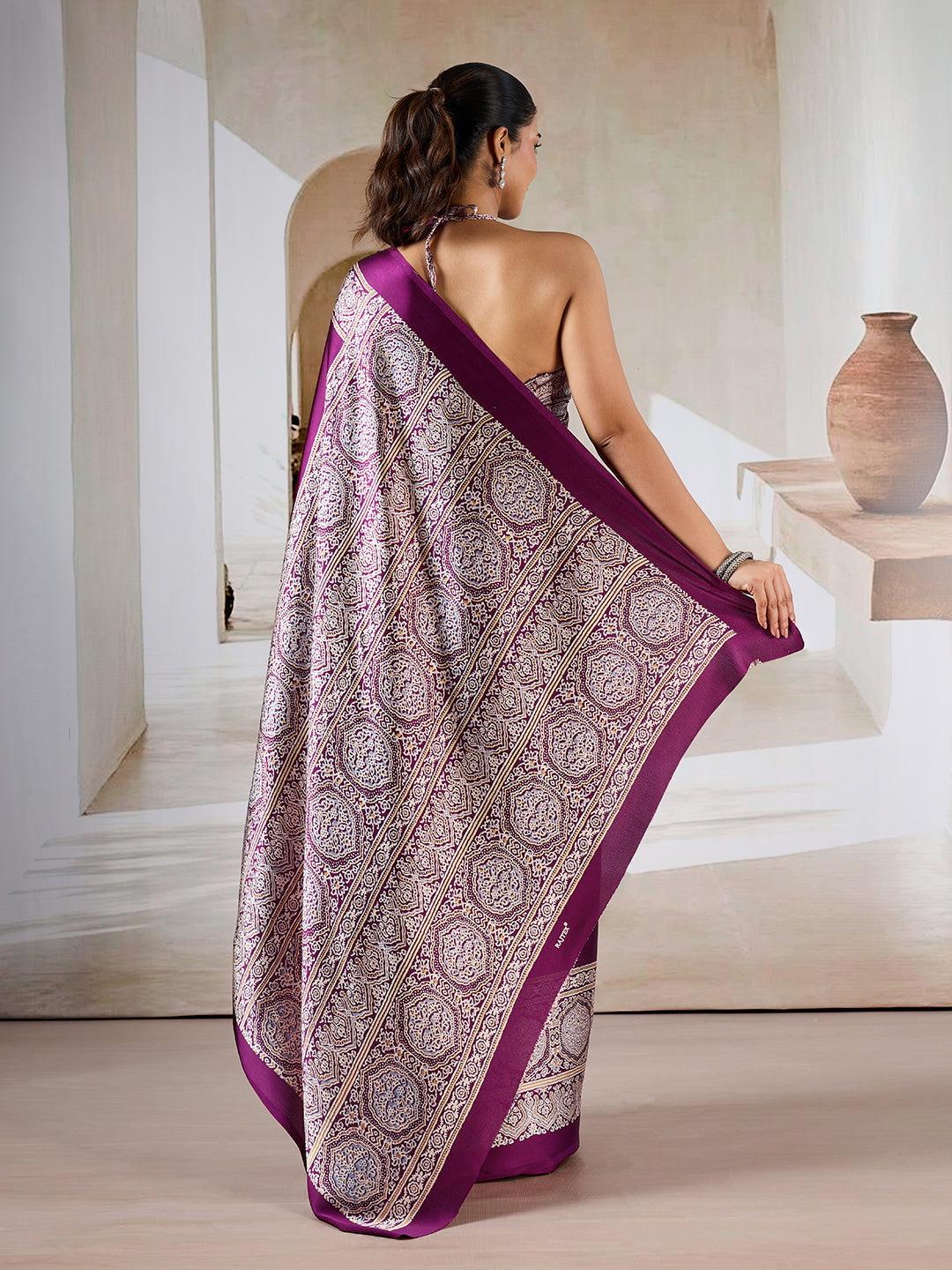 Wine Red Pure Satin Modal Silk Saree with Ajrakh Print