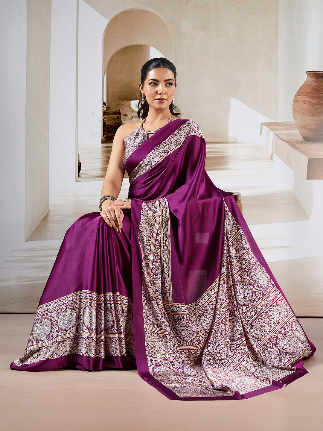 Wine Red Pure Satin Modal Silk Saree with Ajrakh Print