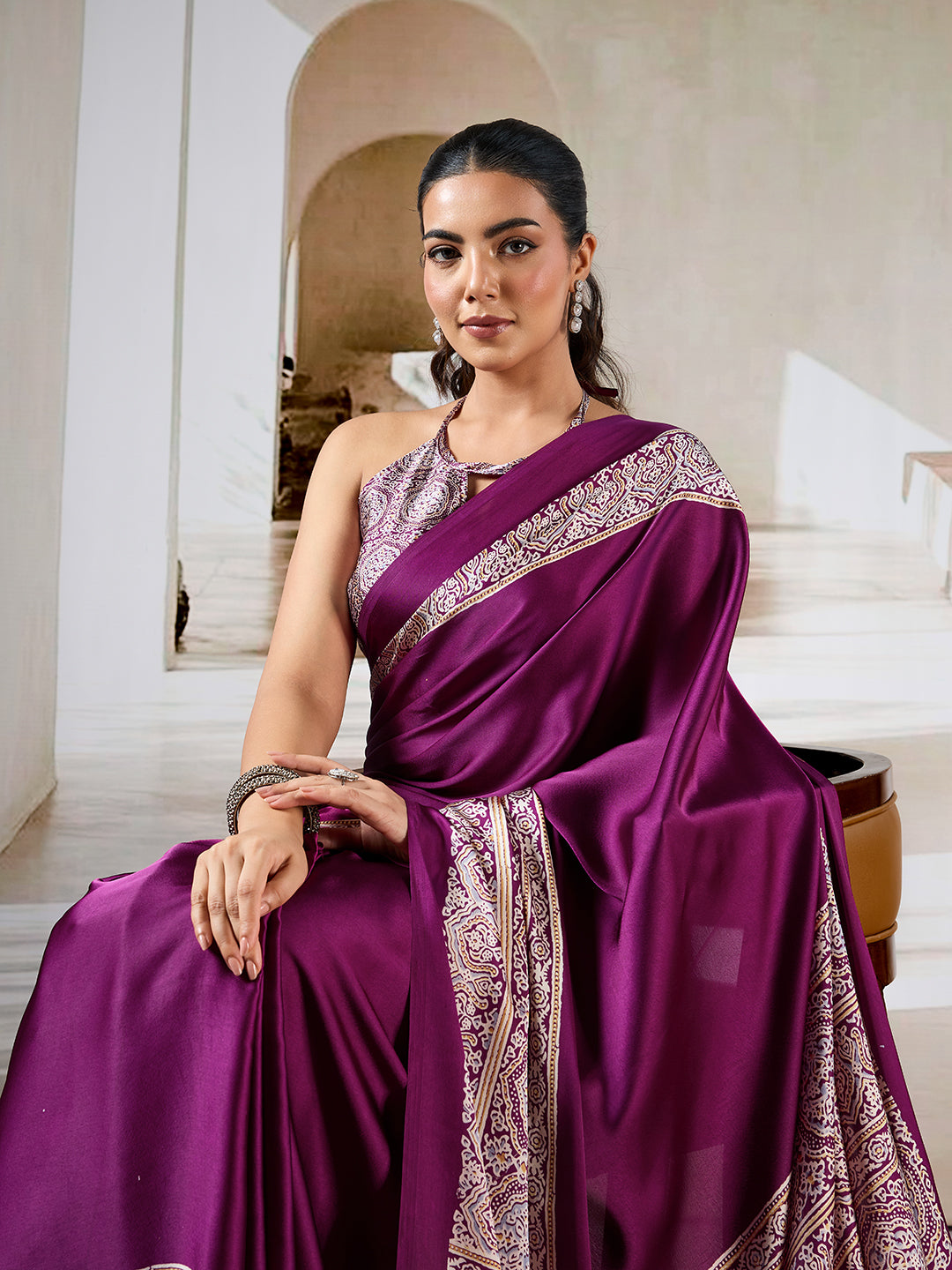 Wine Red Pure Satin Modal Silk Saree with Ajrakh Print