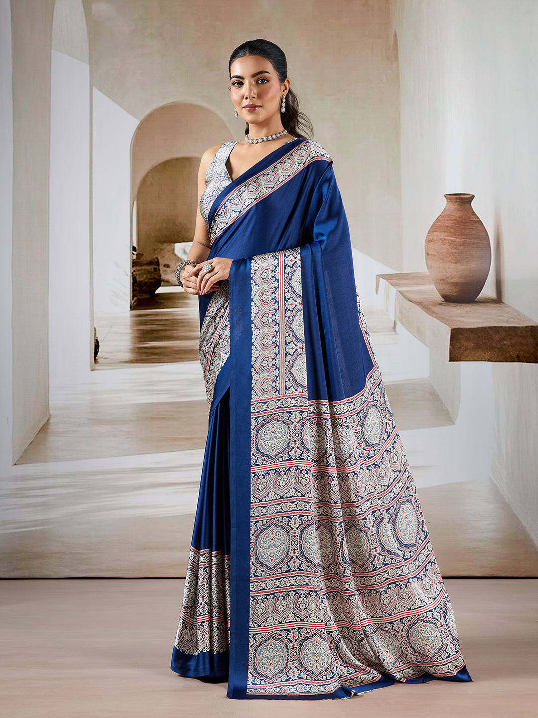 Dark Navy Blue Pure Satin Modal Silk Saree with Ajrakh Print Work