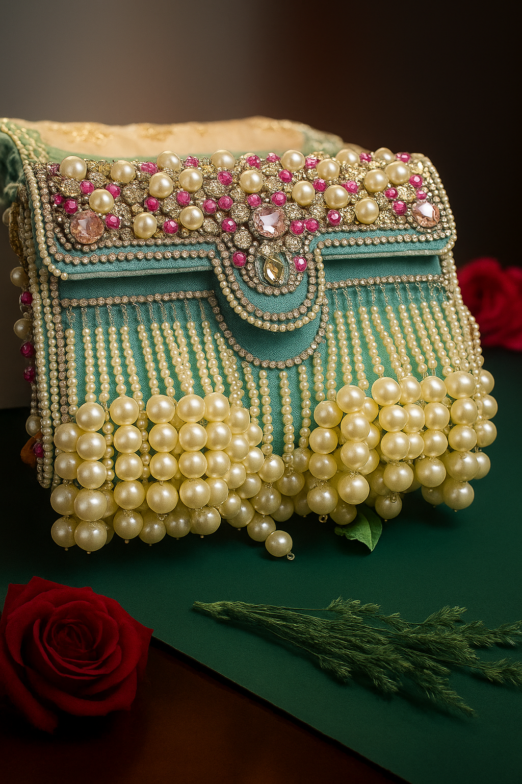 Zari Adorned Sea Blue Handbag with Pink Beads, Pearls, and Tassel