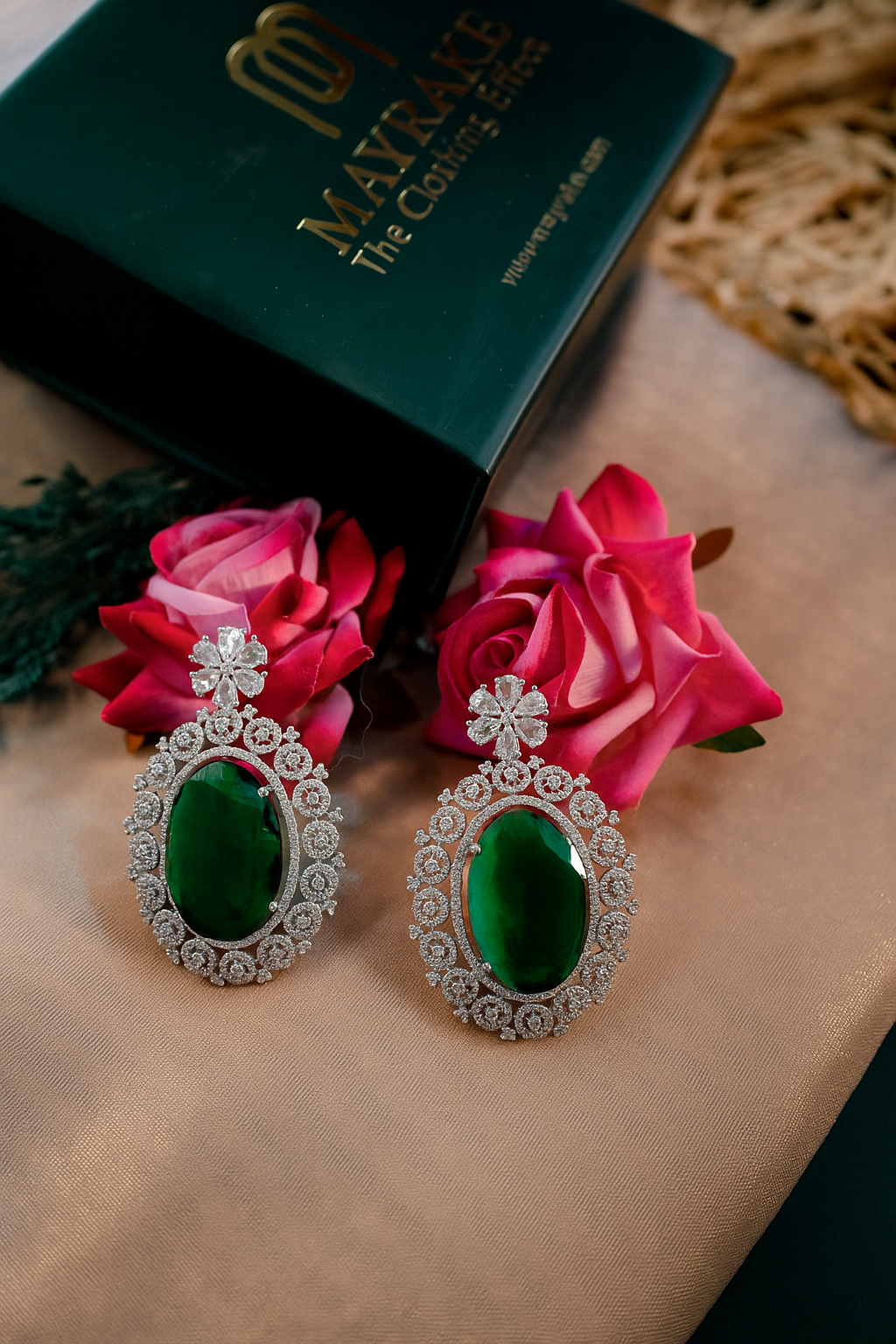 Emerald Green American Diamond Necklace with Earrings Jewellery Set