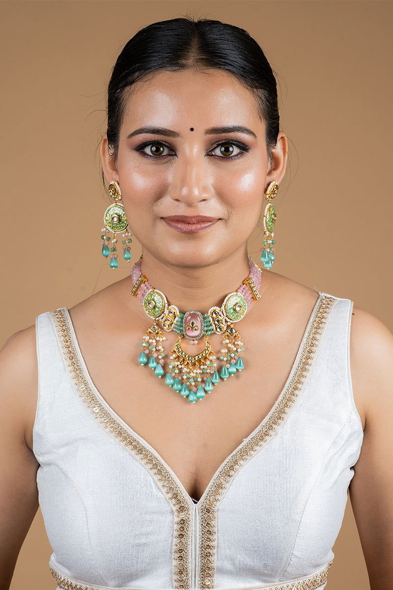 Choker Set With Multicolor Stone In Mix Metal - Mayrake