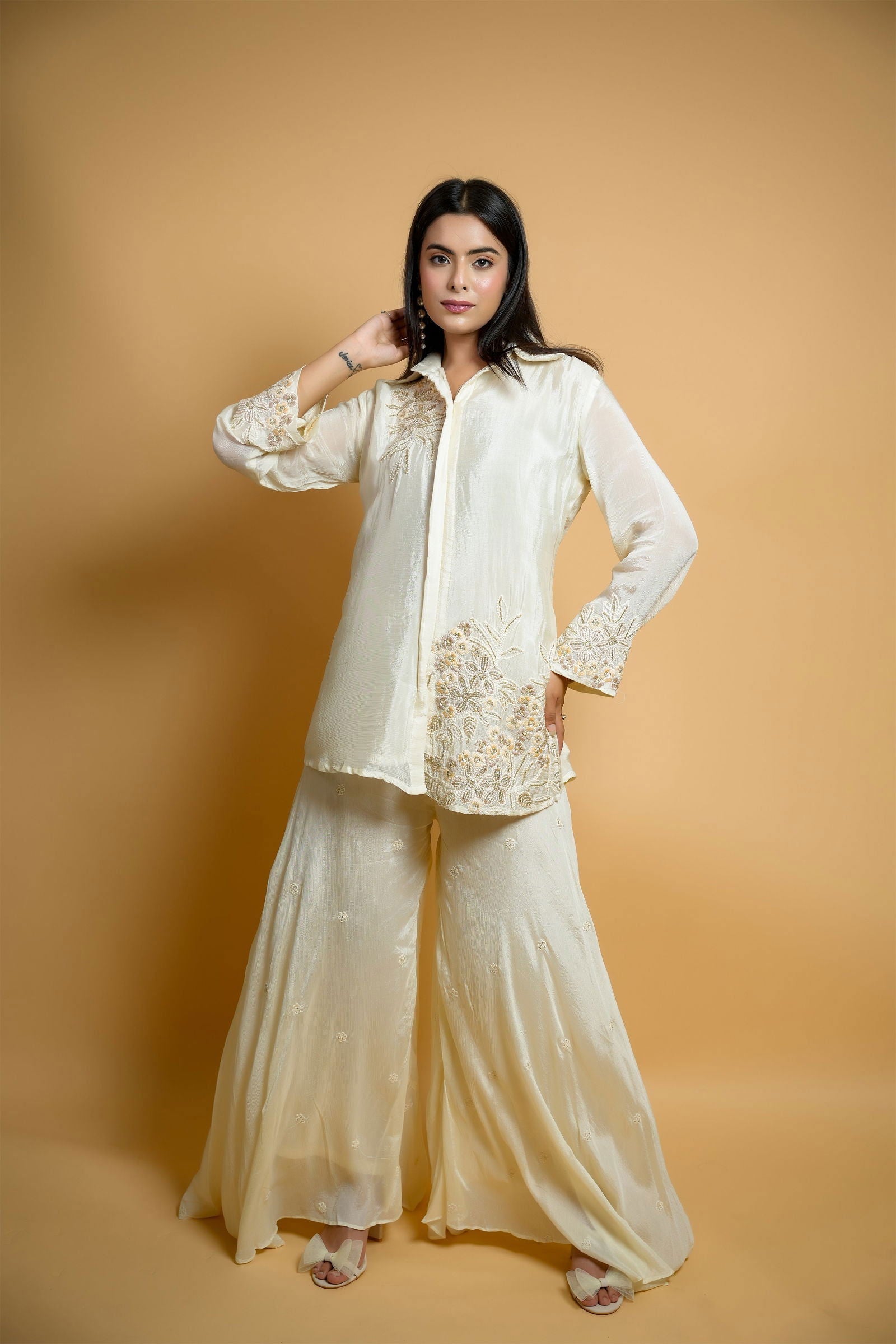 Classic Ivory Chiffon Shirt with Embroidered Patchwork and Flair Palazzo Pants - Mayrake.in