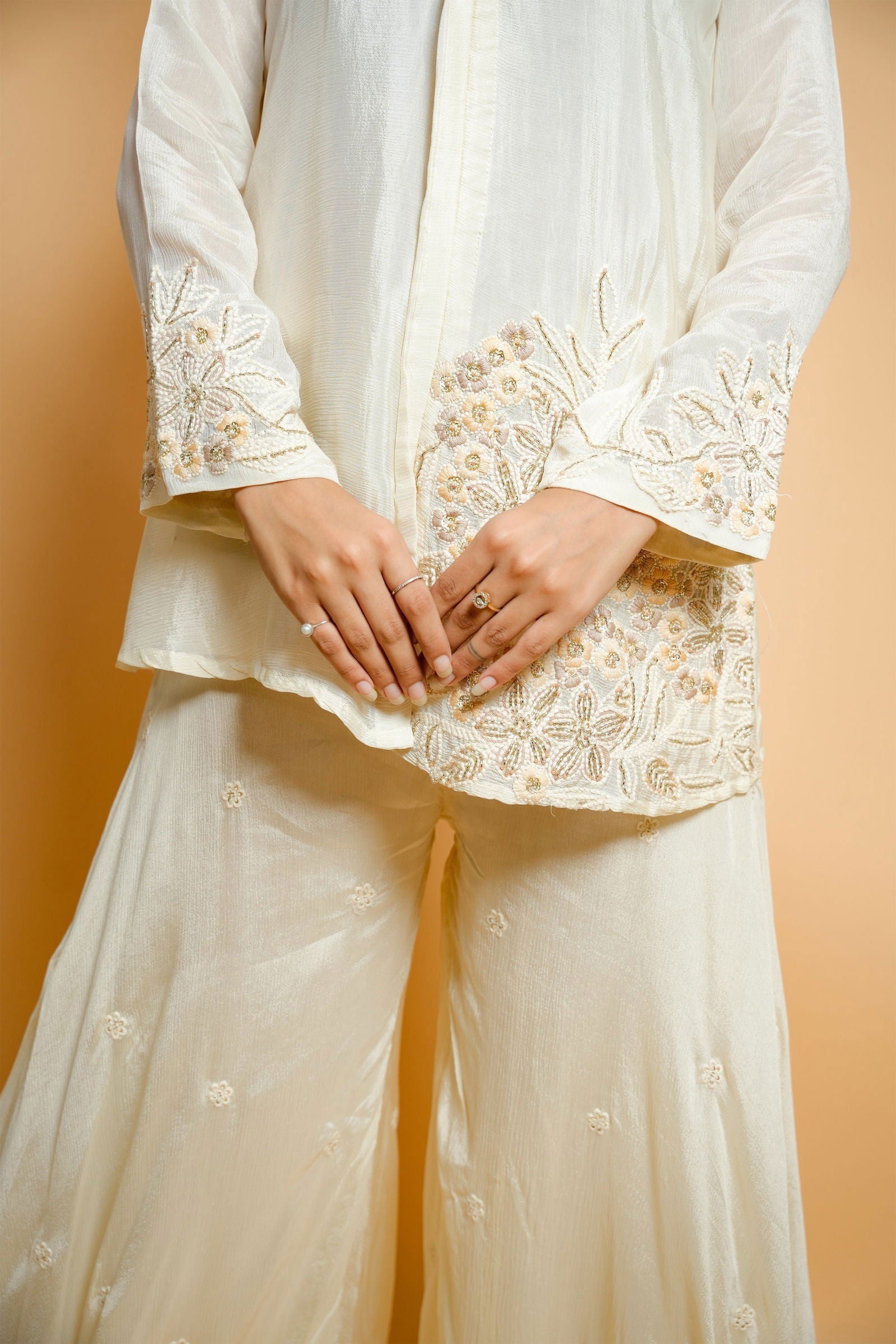 Classic Ivory Chiffon Shirt with Embroidered Patchwork and Flair Palazzo Pants - Mayrake.in