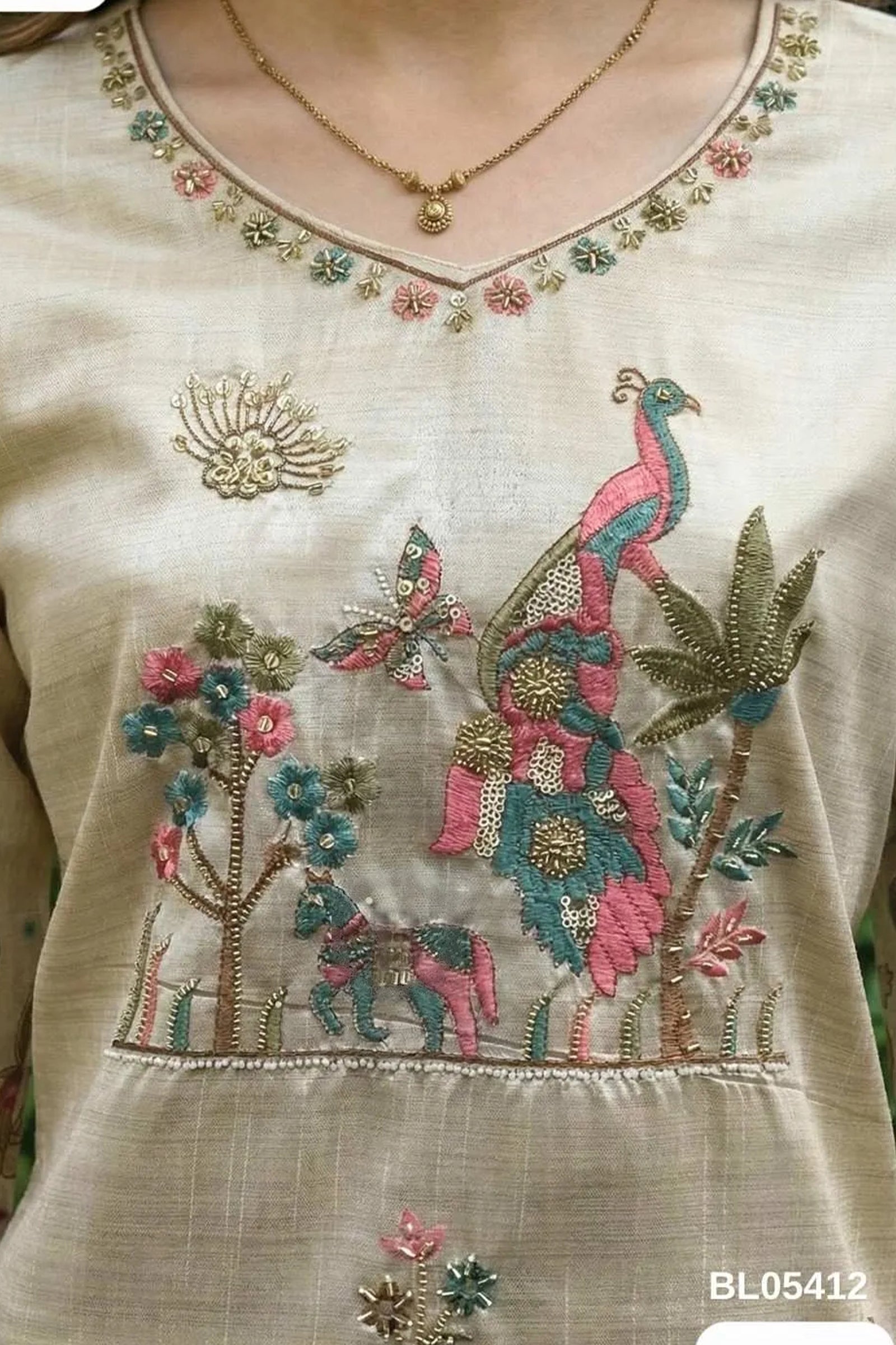 Cream Crepe Silk Straight Kurta-Set with Straight Pant and Dupatta With Pichwai Art Work