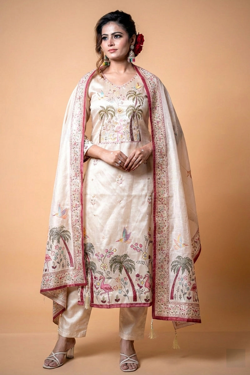 Cream Crepe Silk Straight Kurta-Set with Straight Pant and Dupatta With Pichwai Art Work