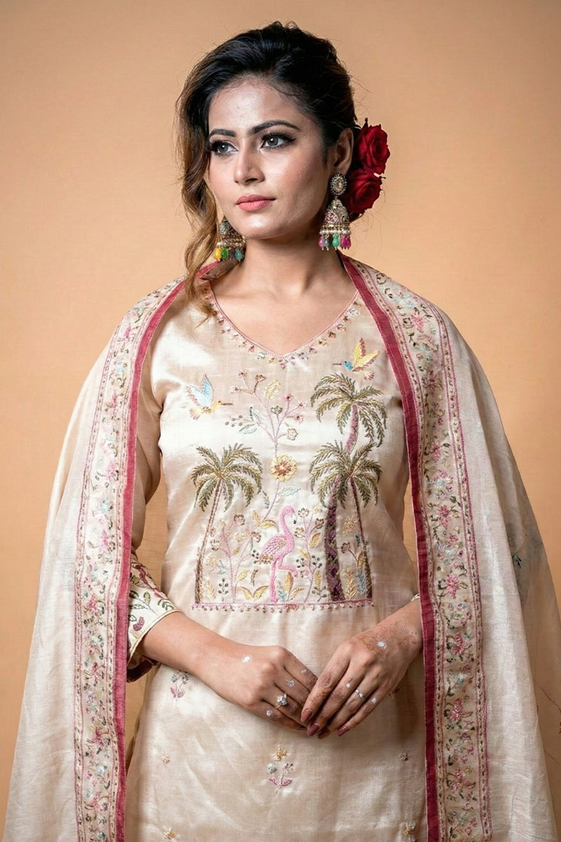 Cream Crepe Silk Straight Kurta-Set with Straight Pant and Dupatta With Pichwai Art Work