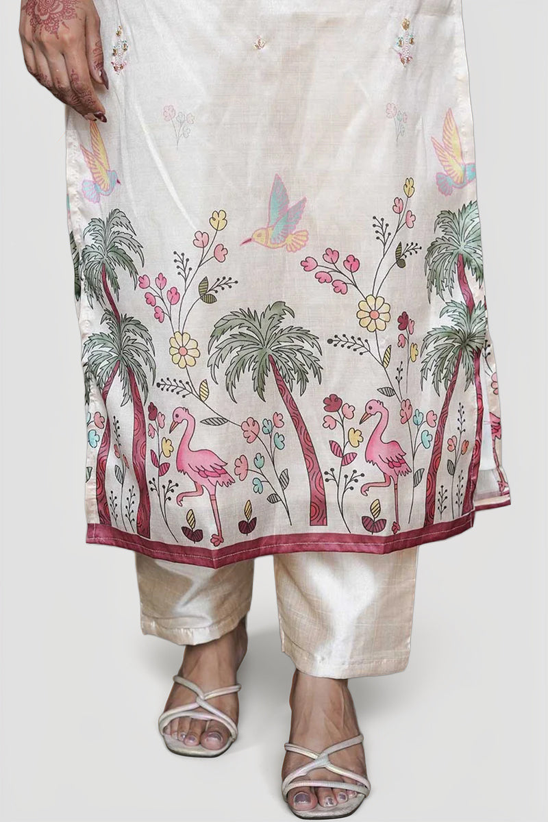 Cream Crepe Silk Straight Kurta-Set with Straight Pant and Dupatta With Pichwai Art Work