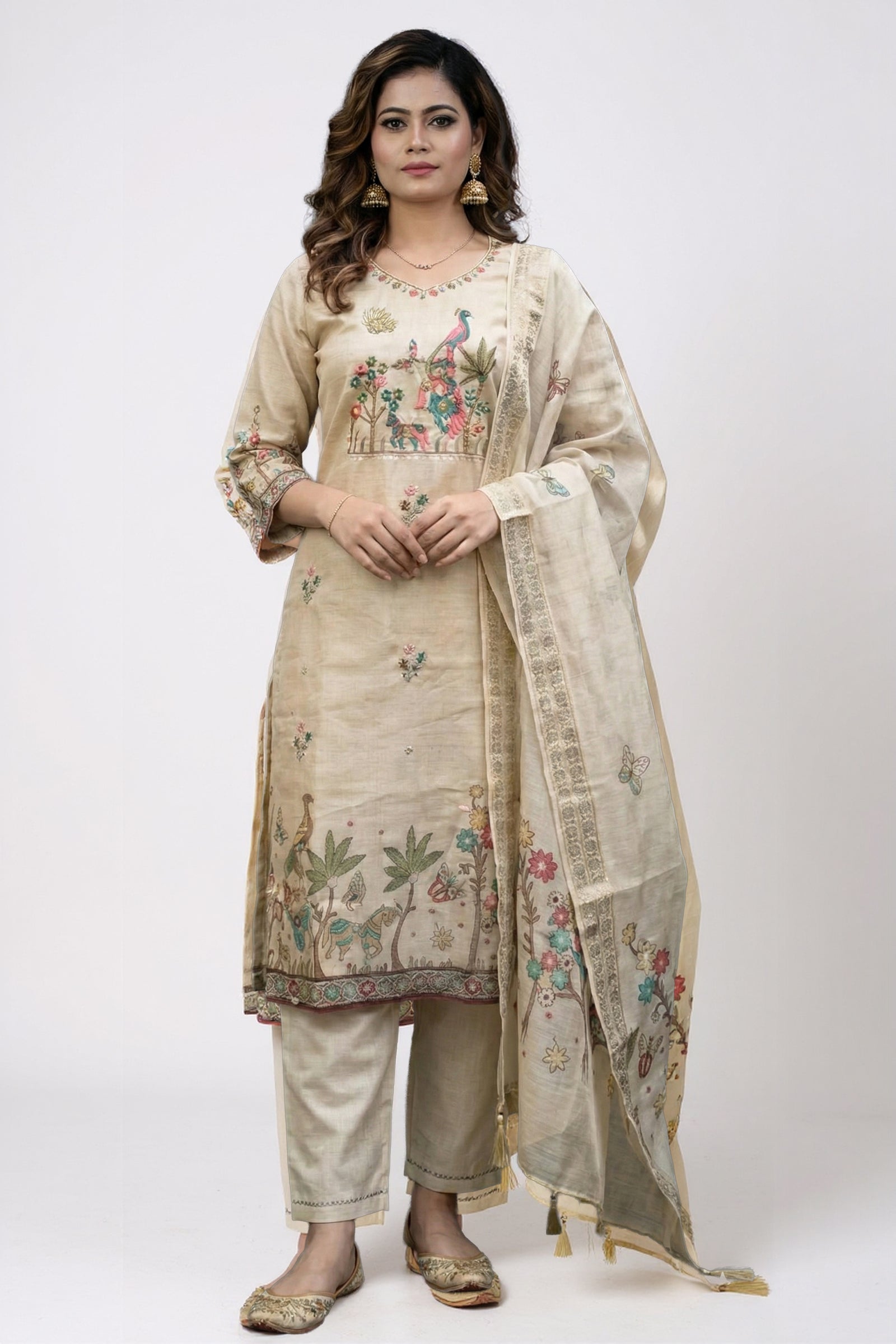 Cream Crepe Silk Straight Kurta-Set with Straight Pant and Dupatta With Pichwai Art Work