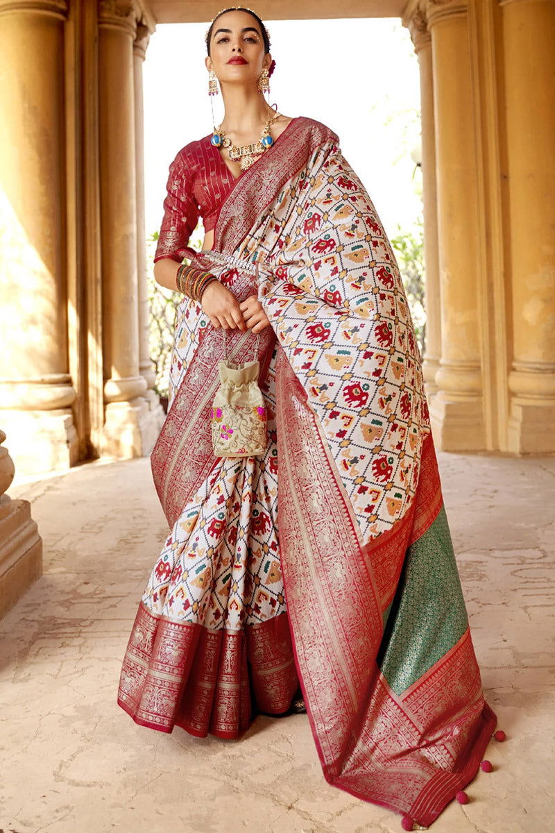 Cream Red Viscose Silk with Patola Design and Apoxy Finish - Mayrake
