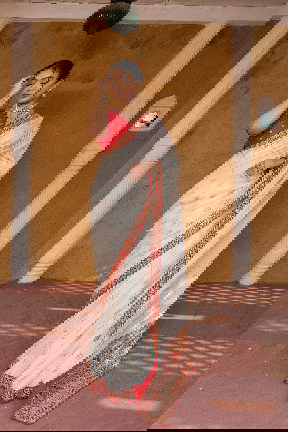 Cream Silk Saree with Golden Buti Work and Rich Red Zari Border - Mayrake.in