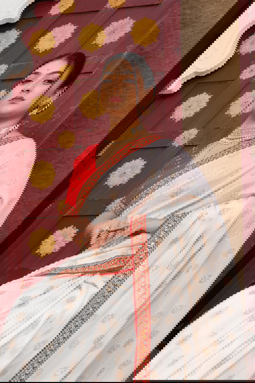 Cream Silk Saree with Golden Buti Work and Rich Red Zari Border - Mayrake.in