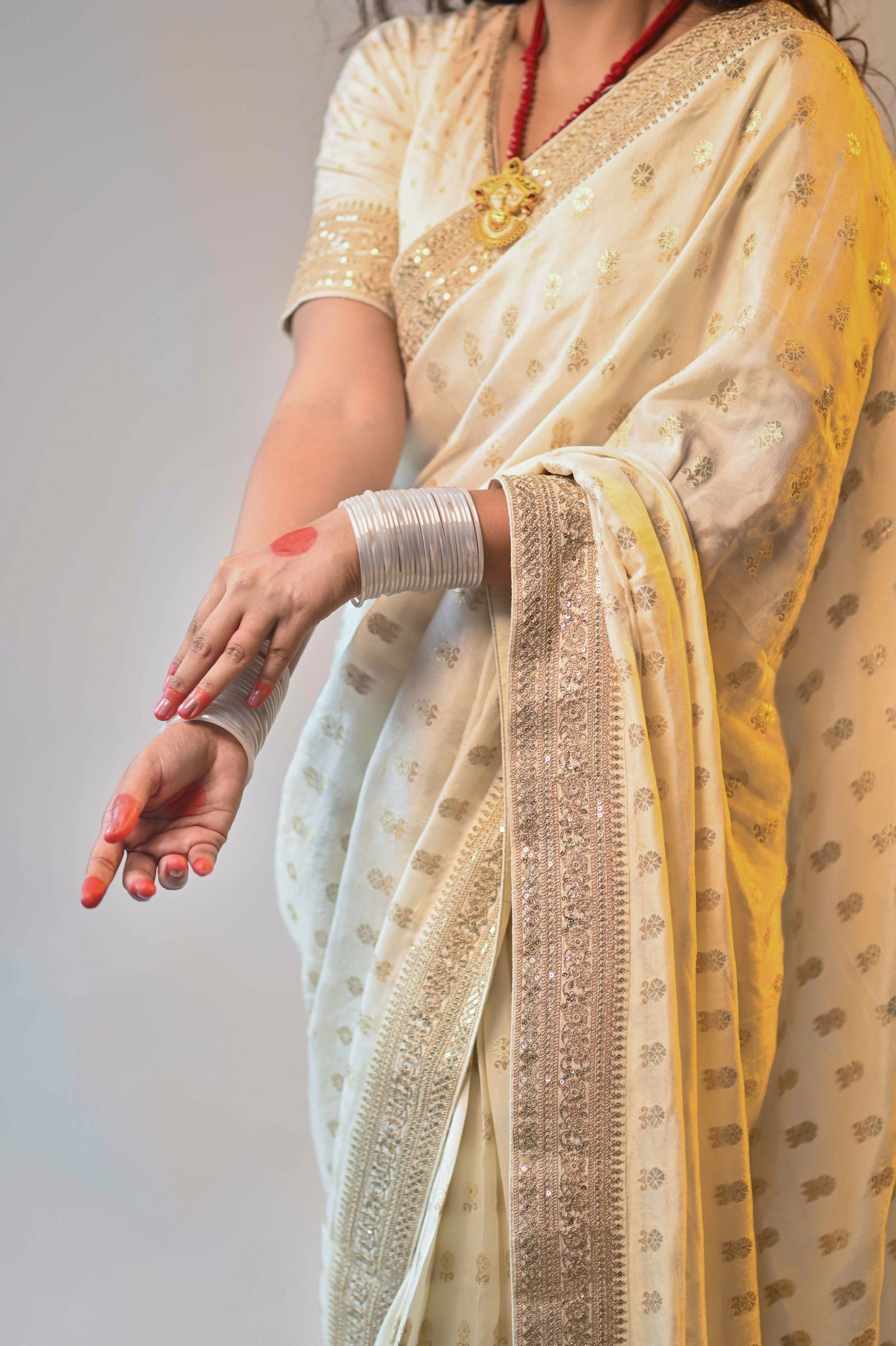 Cream Silk Saree with Golden Buti Work and Rich Zari Border - Mayrake.in