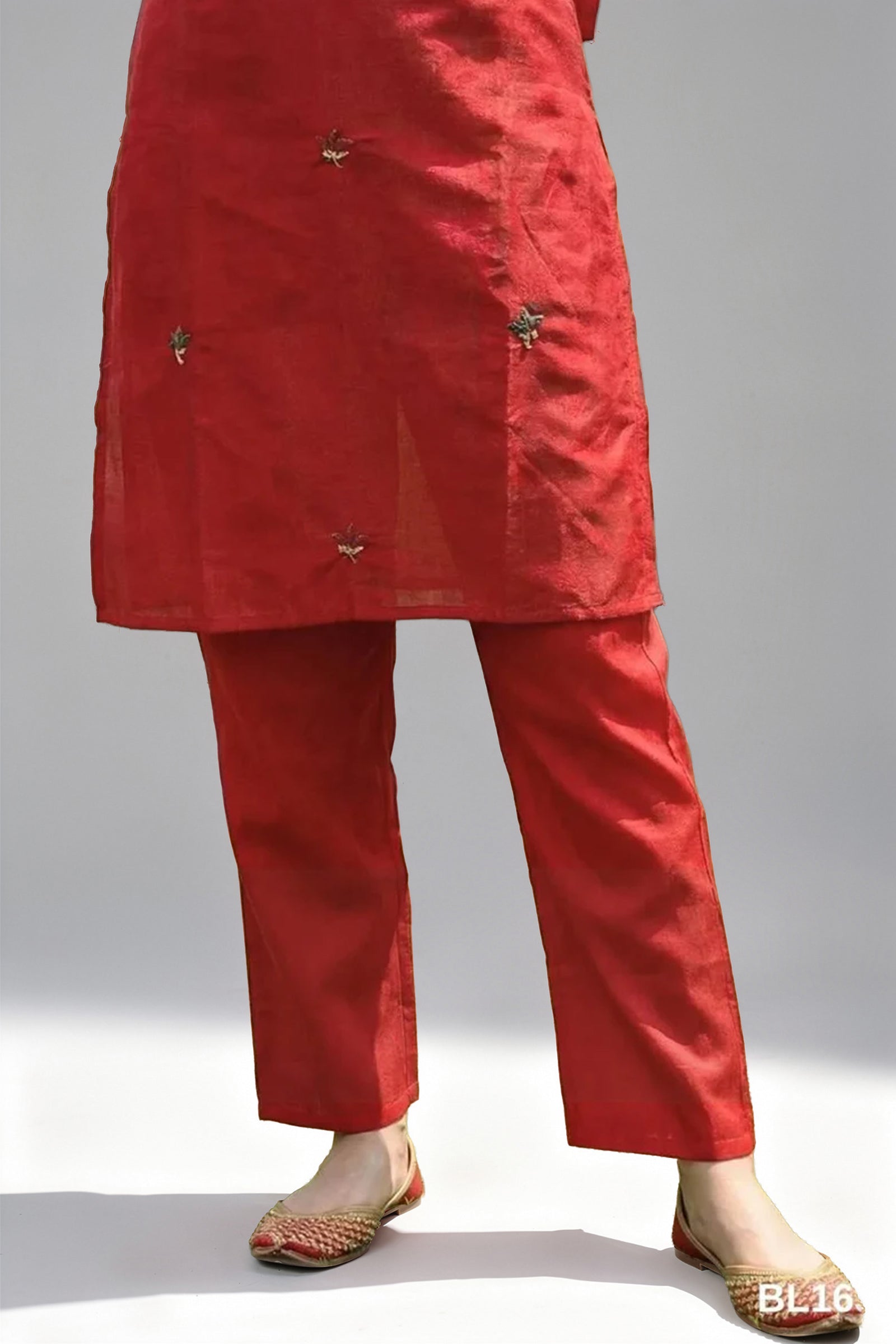 Crimson Silk Kurta Set with Multicolor Floral Embroidery & Thread Work Detailing