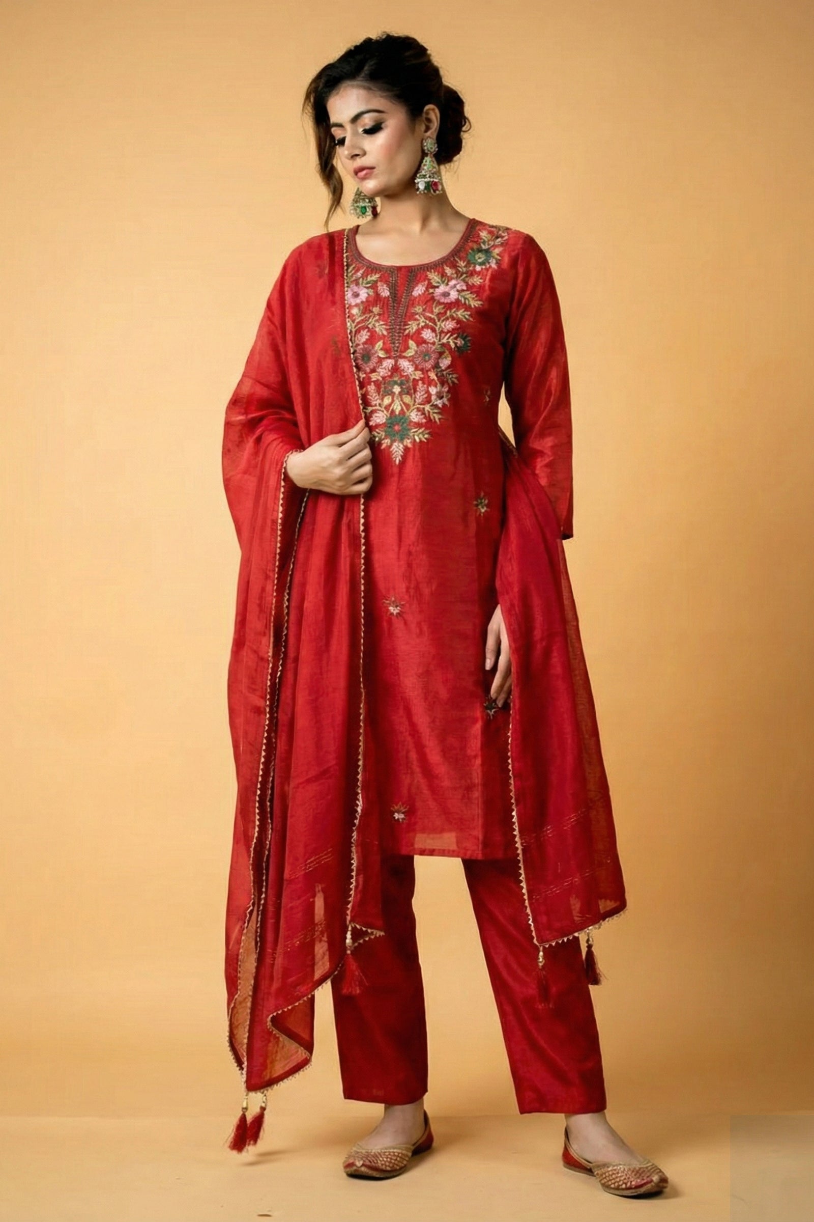 Crimson Silk Kurta Set with Multicolor Floral Embroidery & Thread Work Detailing