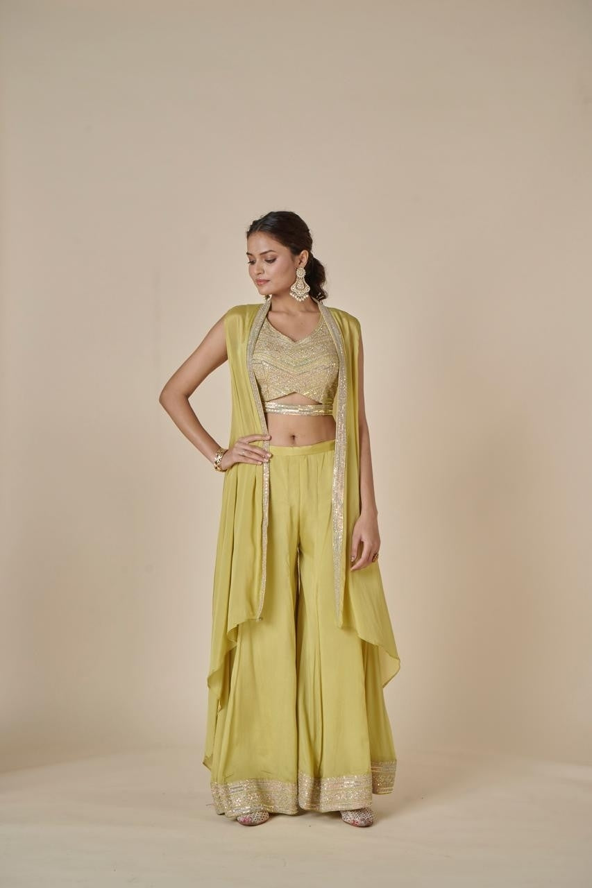 Pastel Green Embroidered Silk Tank Top with Palazzo and Full Shrug